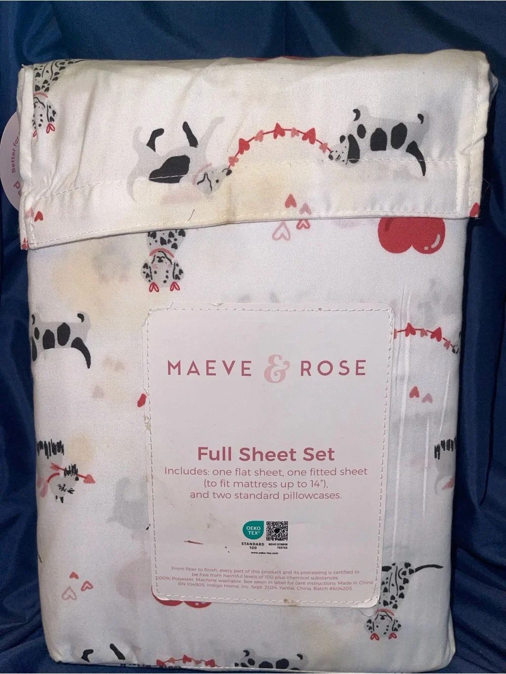 Maeve & Rose Full Sheet Set in White with Red Heart & Black Dog Print